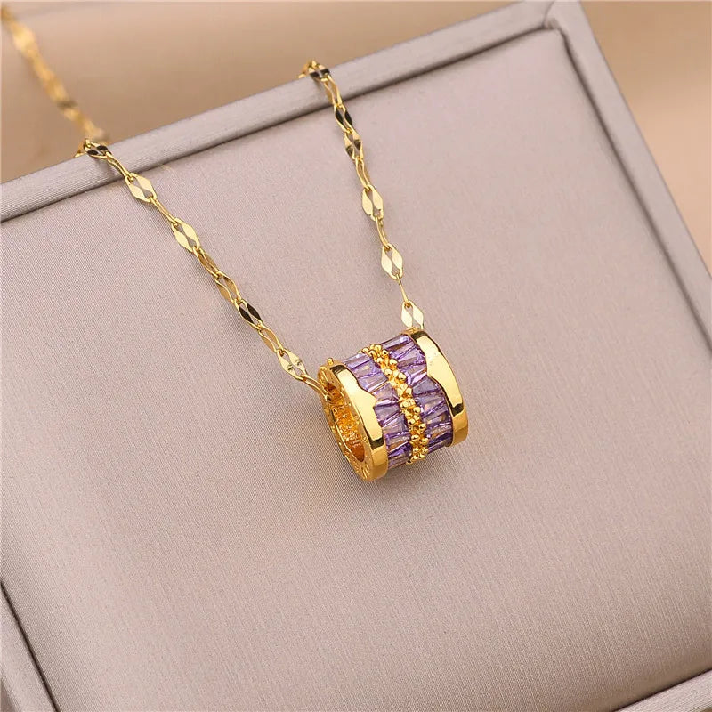 3 Color Lucky Beads Pendant Necklace – Stainless Steel & Sparkly Zircon Jewelry for Women