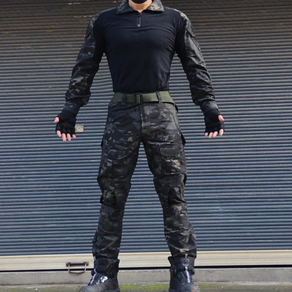 Men’s Camo Tactical Uniform Set | Ripstop Airsoft Suit with Multi-Pocket Pants & Training Shirt for Hunting or Paintball