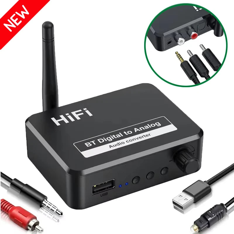 Bluetooth 5.1 Digital to Analog Audio Converter | SPDIF Optical Toslink to 3.5mm AUX RCA DAC Adapter