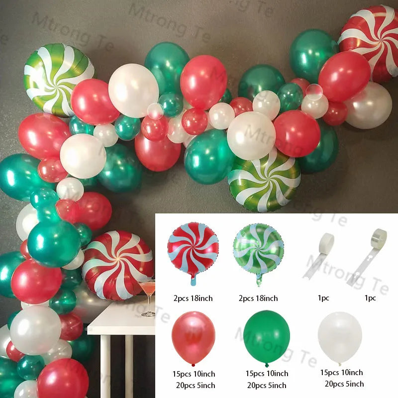 Christmas Balloon Garland Arch – Red & Green Balloons, Star, Santa, and Gift Box Foil Balloons for Xmas and New Year Decoration