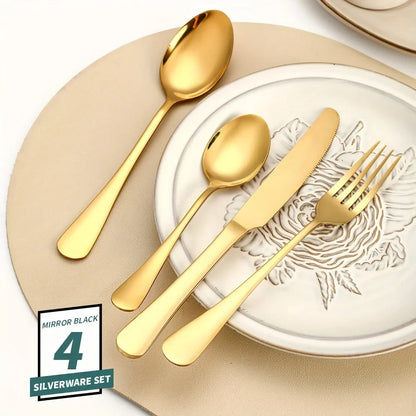 24-Piece Stainless Steel Black Flatware Set — Elegant Knife, Fork & Spoon Cutlery with Mirror Polish, Gold Accents, Dishwasher Safe