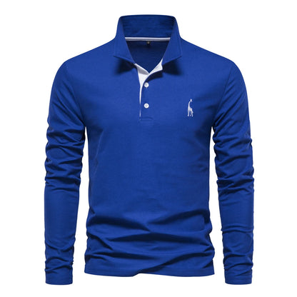 Men's Long Sleeve Embroidered Polo Shirt - Business Casual Solid Color Deer Design