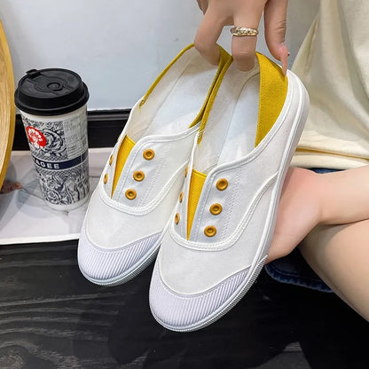 Lady Classic Round Toe White Canvas Shoes | Comfortable Lace-Up Street Sneakers for Students