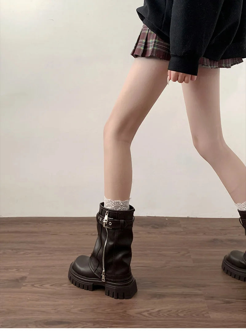 Women’s Winter Biker Boots – Fashion Belt Buckle Platform Short Booties, Casual Knight-Style Flats