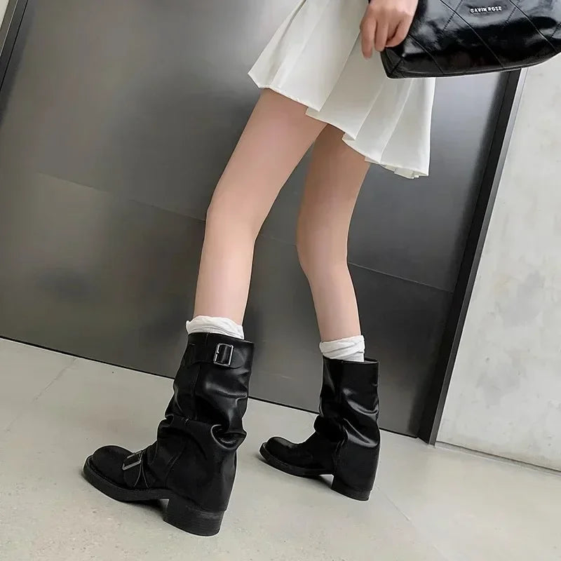 Pleated Buckle Knight Boots for Women – Autumn Brown PU Leather Mid-Calf Slip-On Riding Boots with Thick Heel 2024