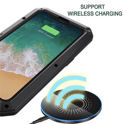 Heavy Armor Metal Rugged Case for iPhone 16/15/14/13/12/11 Pro Max/XR/XS/8 Plus – Shockproof Premium Cover with Gorilla Screen Protector