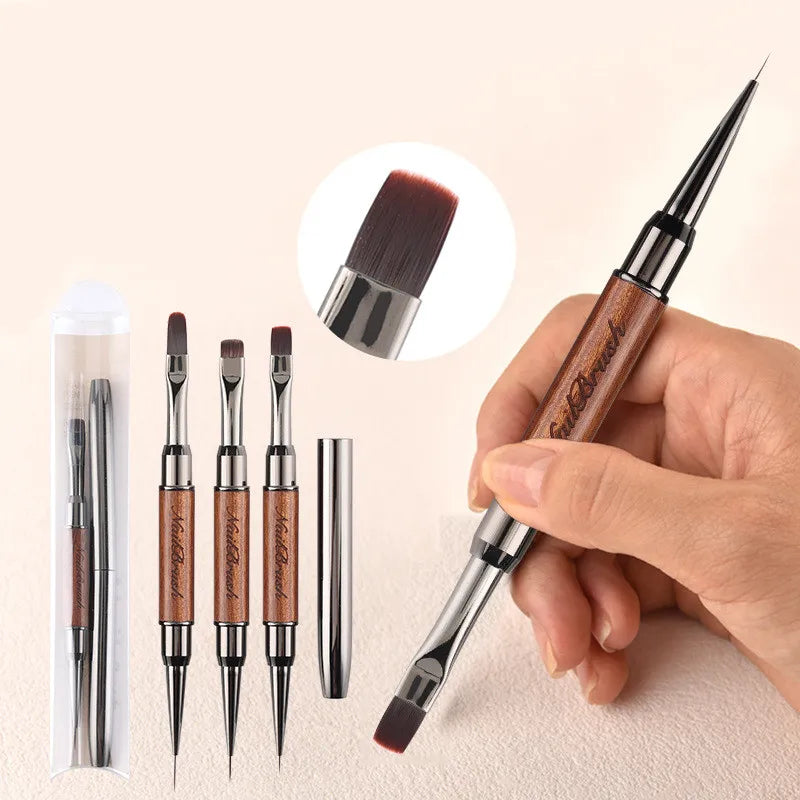 Double-Head Sandalwood Handle Nail Brush – Liner Brush Painting Pen, Gel Brush for Crystal Nail Art Manicure