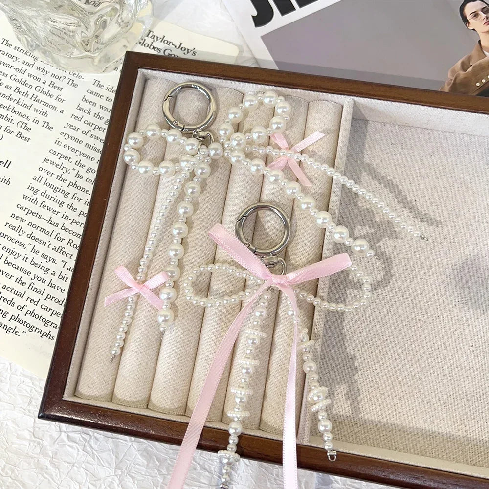 2026 Y2K Pearl Bow Heart Keychain – Cute Aesthetic Bag Charm Keyring Accessory for Girls
