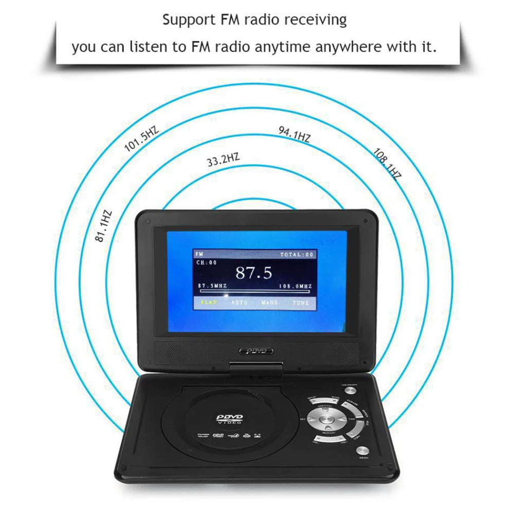 9" Portable HD TV DVD Player – 16:9 LCD Screen, 234x480 Resolution, CD/Game/TV/USB/Radio Compatible