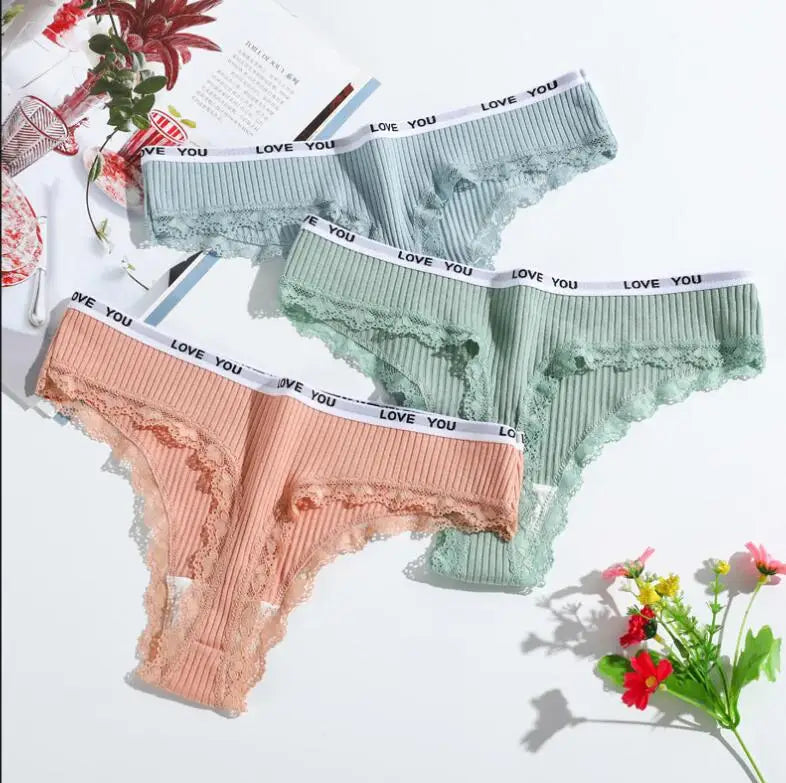 3Pcs Lace Thong Set - Women’s Low Waist Sexy Tanga Cotton Panties, T-Back Lingerie Underwear