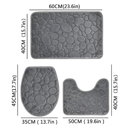 Solid Color Simple Bathroom Mat Set - Water-Absorbing, Non-Slip Stone Pattern, Comfortable & Soft (3PC)
