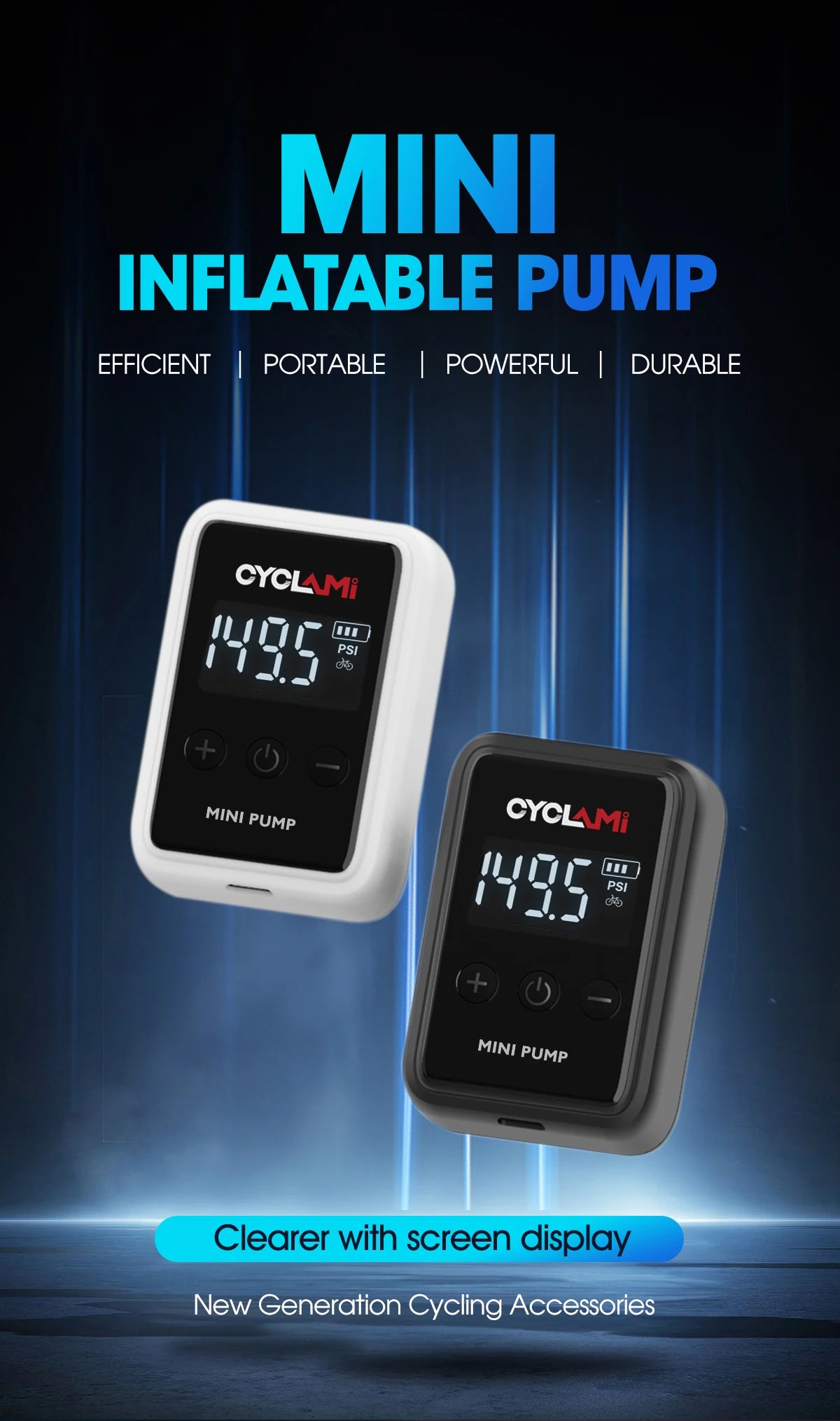 CYCLAMI HW125 150PSI Portable Electric Bike Air Pump – Rechargeable Mini Tire Inflator for Schrader & Presta Valves