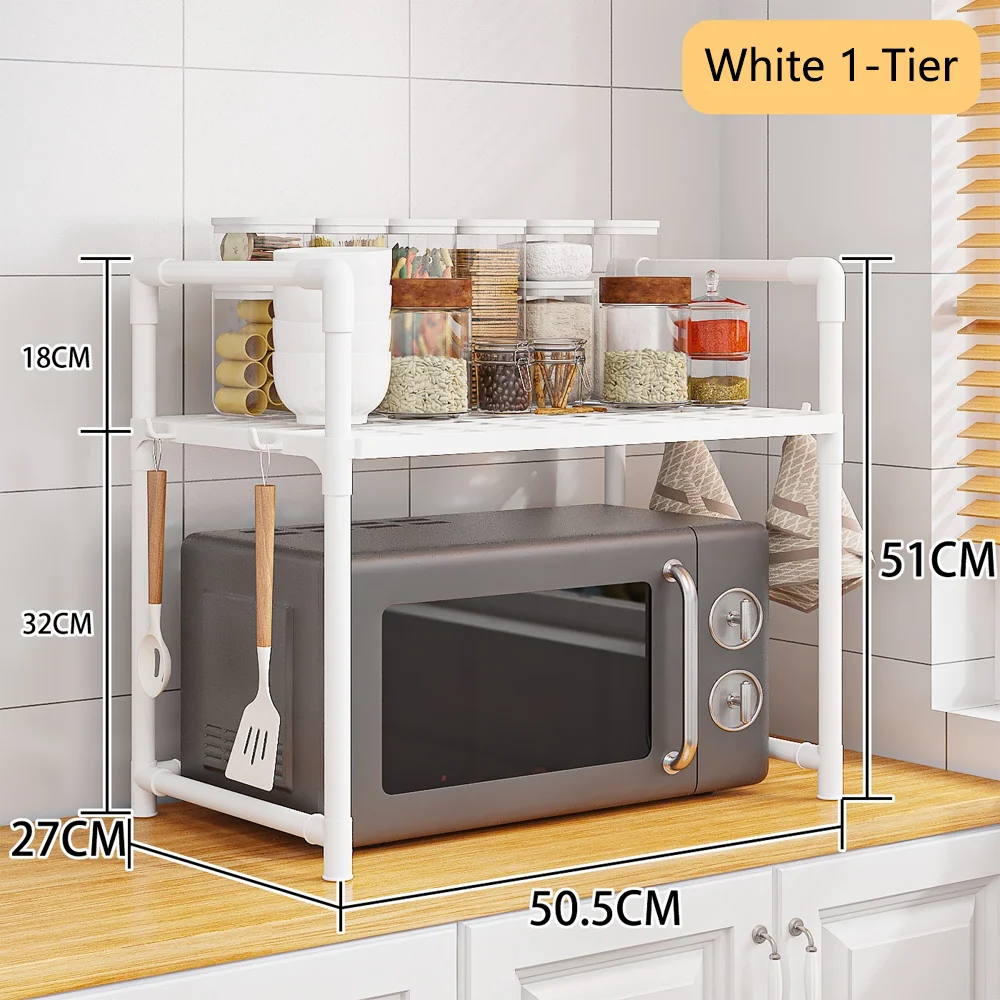 Extra Wide 2-Tier Microwave Stand — Heavy-Duty Kitchen Shelf with Handrail Hooks, Non-Slip Rack for Oven, Toaster & Spices