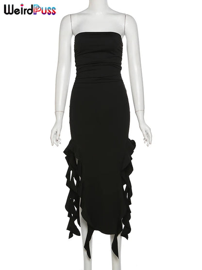Elegant Strapless Dress: Women's Irregular Tassel Summer Trend - Weird Puss Skinny Split Maxi Bodycon for Birthday Party Clubwear