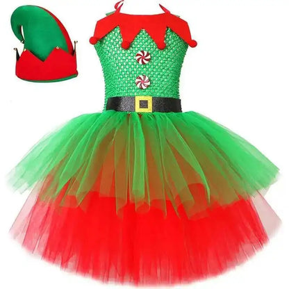 Red & Green Christmas Elf Costumes for Girls – Kids Xmas Fairy Dresses with Hat and Socks, New Year Festival Outfit