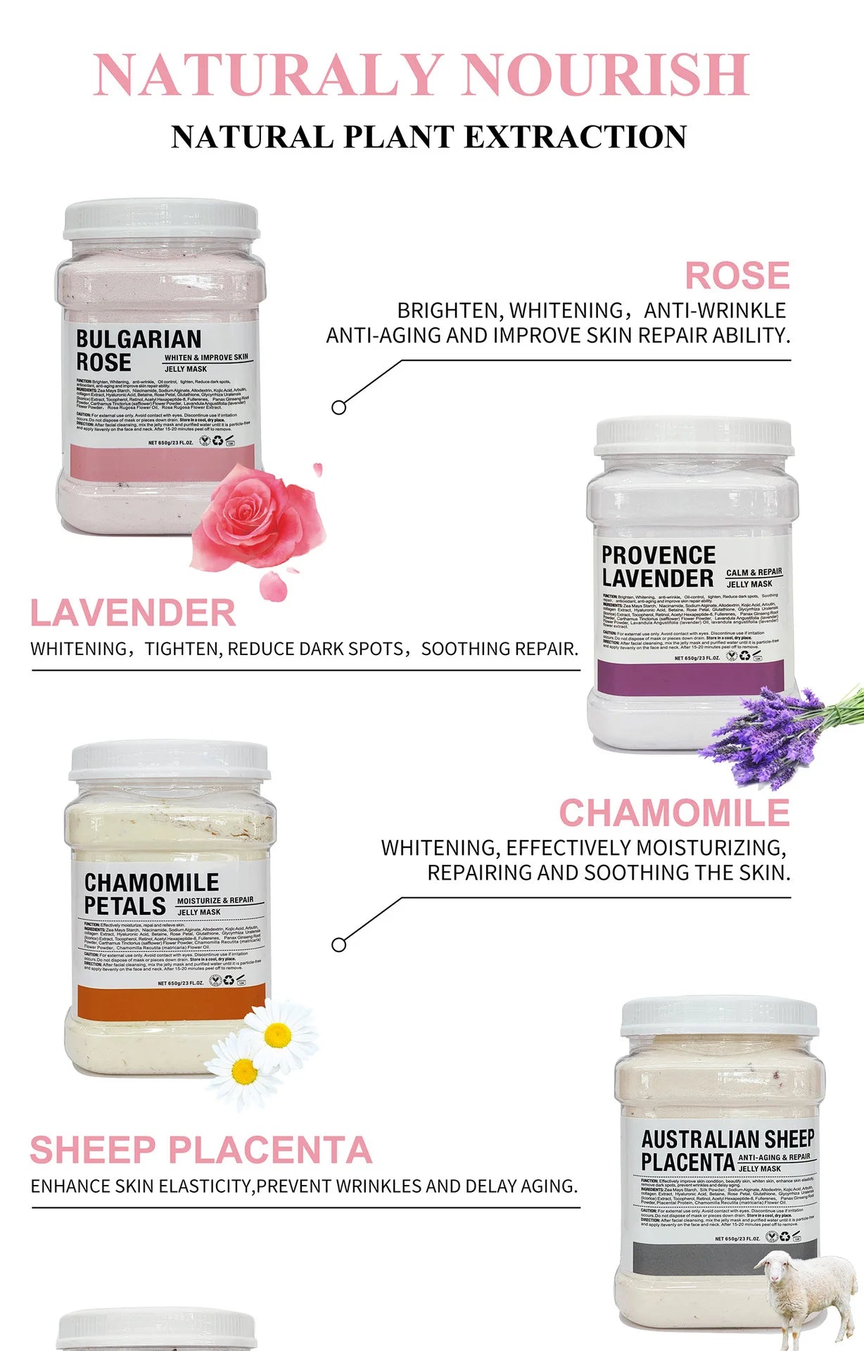 650g Chamomile Hyaluronic Acid Jelly Mask – Rose Moisturizing Facial Powder with Silicone Brush for Skin Elasticity