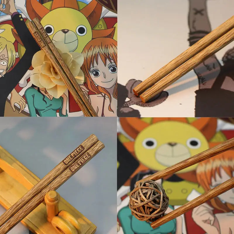 2 Pairs ONE PIECE Wooden Chopsticks – Anime Cartoon, Non-Slip, Reusable Tableware for Lunch, Sushi, with Belt Bag Accessory