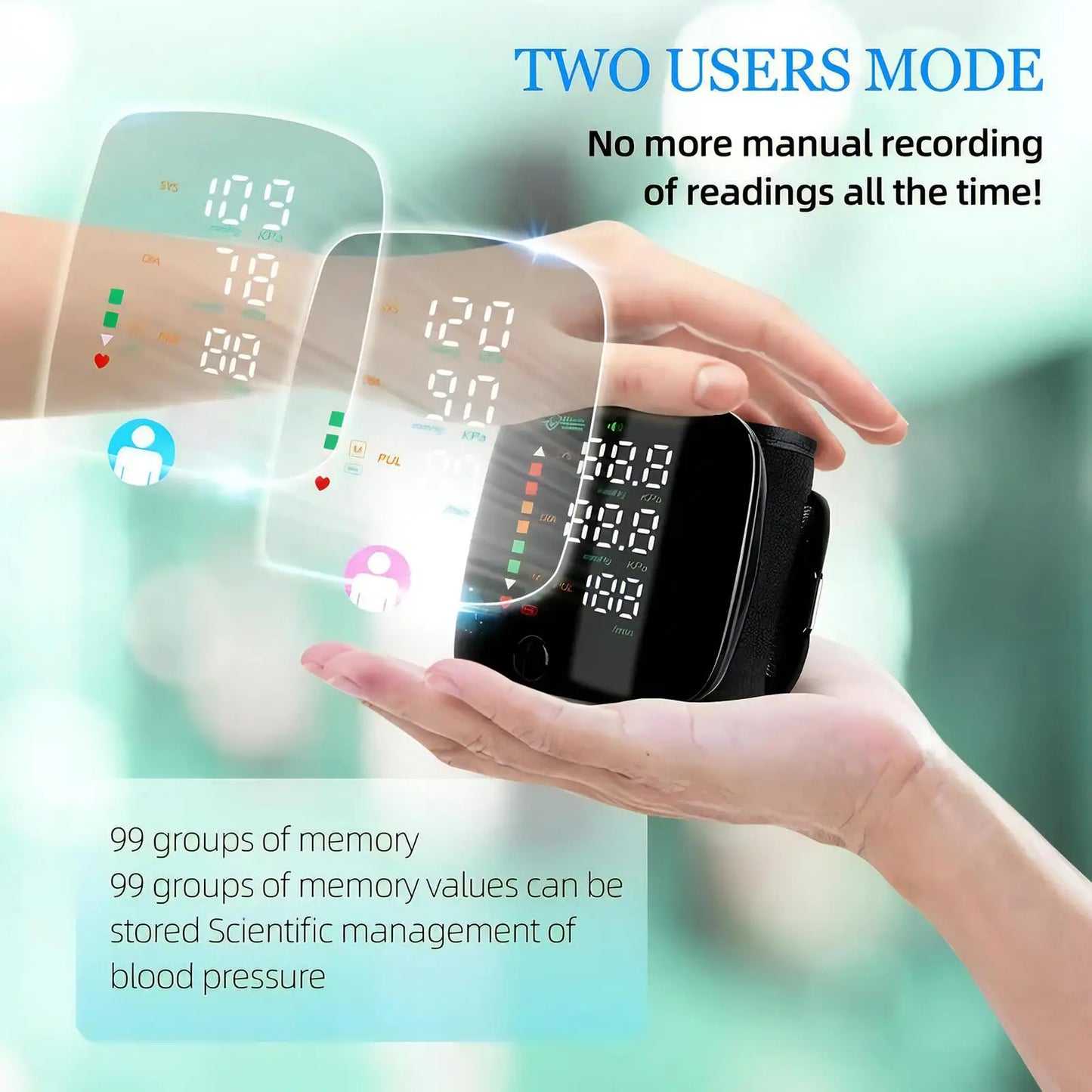 LED Rechargeable Wrist Blood Pressure Monitor – English, Russian, Portuguese, Spanish Voice Broadcast Tonometer