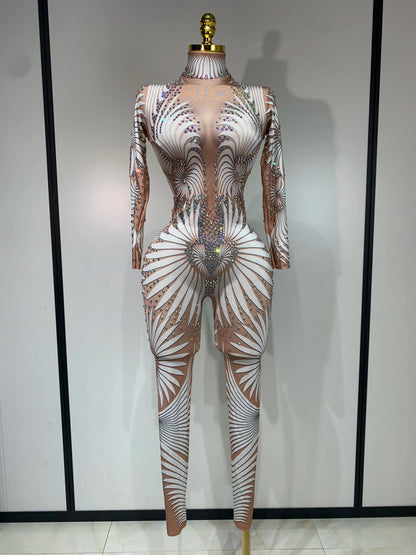 Sparkly Diamond Mesh Jumpsuit for Women - Sexy Rhinestone Nightclub, Stage Performance, Go-Go Dancer, and Drag Queen Costume