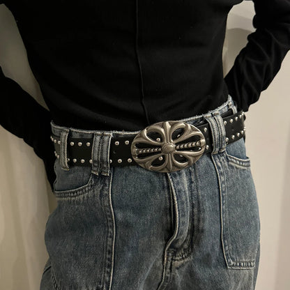 Unisex Punk Gothic Jeans Belt - Wide Hollow Cross & Heart Rivet Waistband for Women and Men