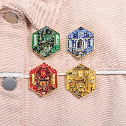 4-Piece Magic Academy Enamel Brooch Set - Movie-Inspired Lapel Pins for Backpacks, Coats, Cosplay & Party Gifts