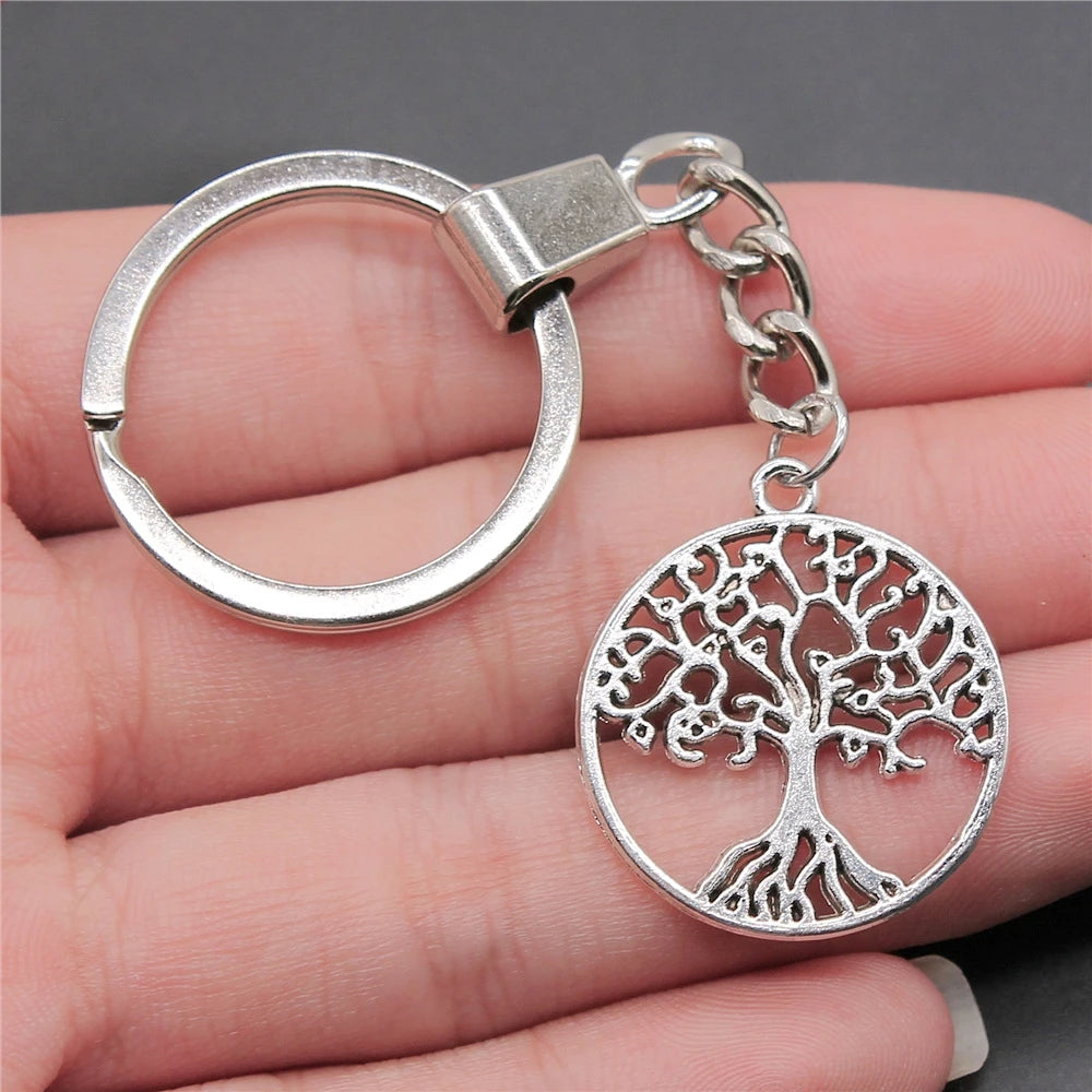 New Fashion Men 30mm Metal Alloy Keychain with Vintage Heart, Flower, Rose, Sunflower & Tree Pendant DIY Keyring Holder Chain Accessory