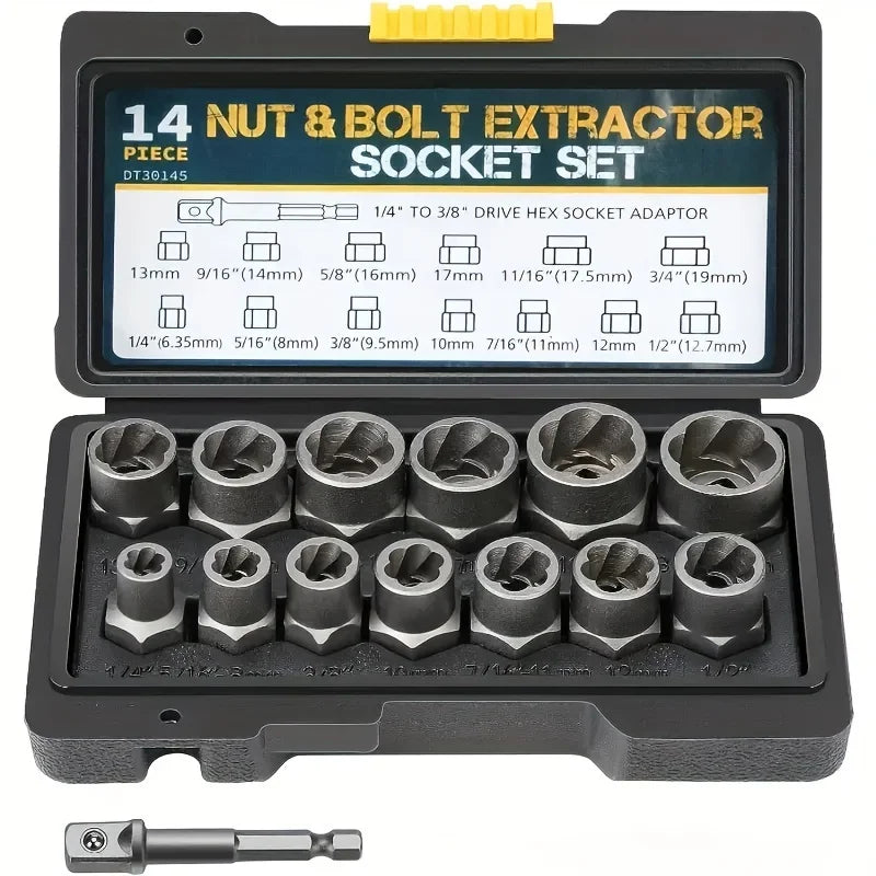 14pcs Damaged Impact Socket Set — Nut & Bolt Extractor/Remover, Chrome Molybdenum Steel with Storage Box
