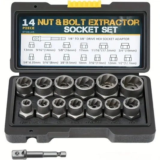 14-Piece Damaged Nut & Bolt Extractor Socket Set - Chrome Molybdenum Steel Impact Sockets with Storage Case
