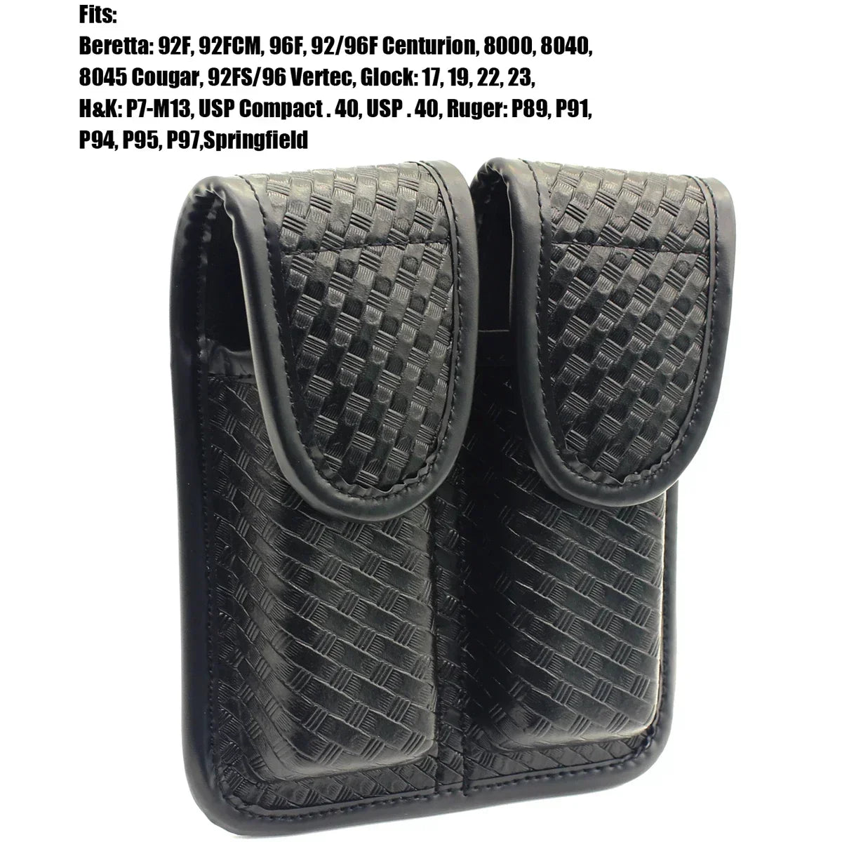 Tactical Black Basketweave Double Magazine Pouch - Leather Handgun Mag Holder with Snap Closure