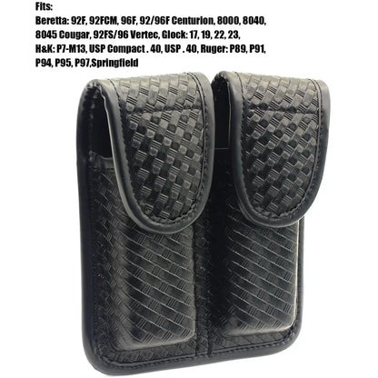 Tactical Black Basketweave Double Magazine Pouch - Leather Handgun Mag Holder with Snap Closure