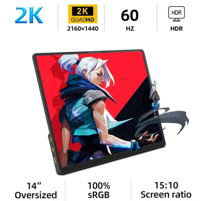 ZSUS 14-Inch 2K Portable Monitor - 2160×1440 60Hz Display for Laptop, PS5, Xbox, Switch & PC