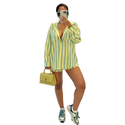 2025 Women’s Casual Striped Shorts & Long Sleeve Shirt Set – Spring Summer Office & Vacation Outfit