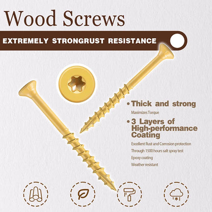 250-Piece T25 Yellow Wood Screws - #8 x 1.5-Inch Star Drive Self-Tapping Screws for DIY, Decks, Fences & Furniture