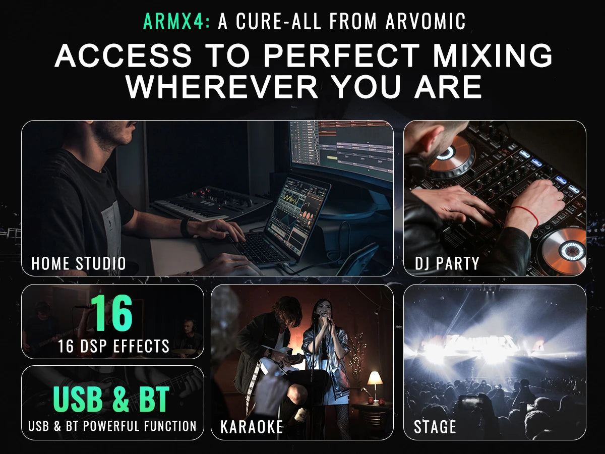 ARVOMIC 4-Channel DJ Audio Mixer – USB Interface, Bluetooth, 16 DSP Effects & 3-Band EQ (ARMX-4)
