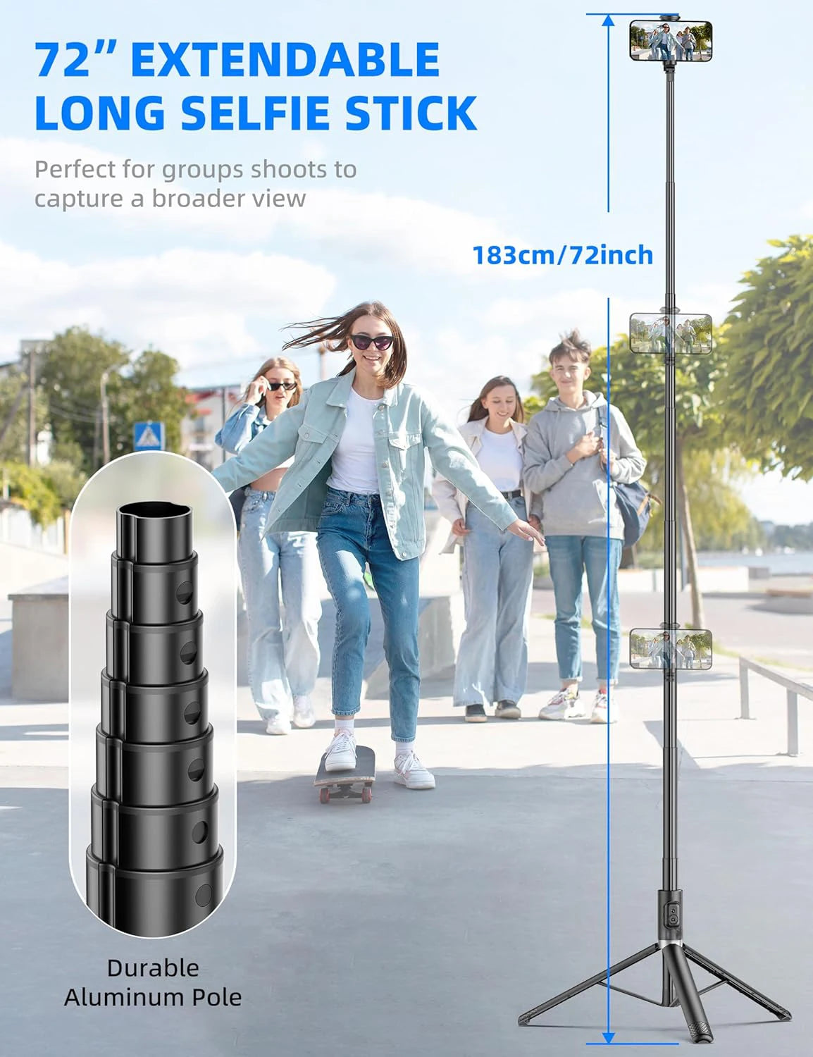Selfieshow Wireless Selfie Stick – 72 Inch Portable Aluminum Alloy Tripod with Bluetooth Remote for iOS & Android Phones