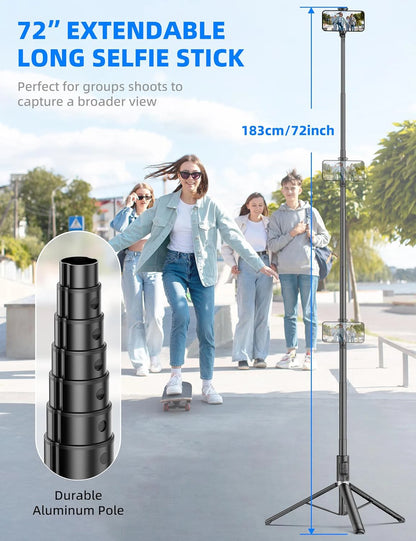 Selfieshow Wireless Selfie Stick – 72 Inch Portable Aluminum Alloy Tripod with Bluetooth Remote for iOS & Android Phones