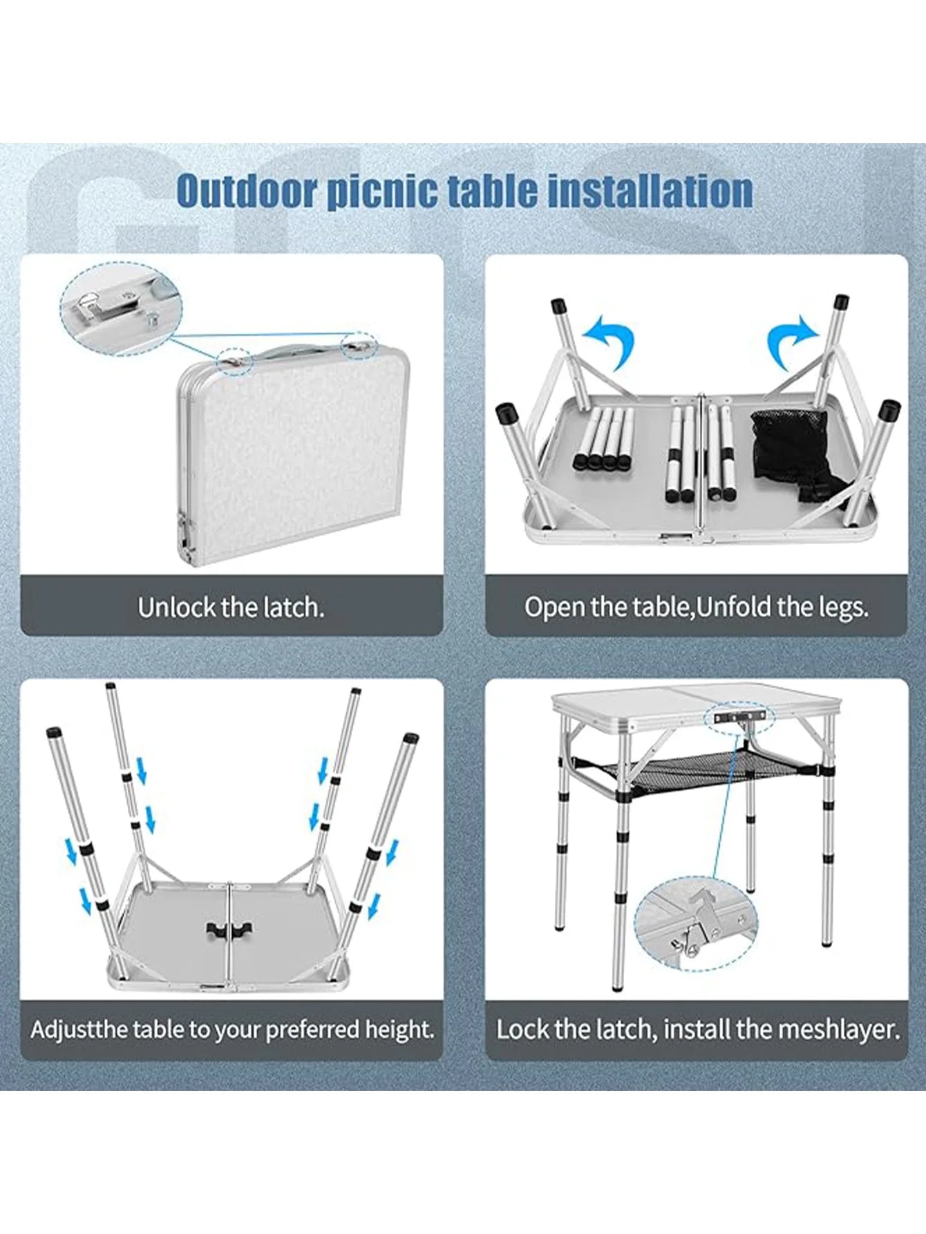 Small Folding Camping Table – Portable Lightweight Aluminum with Adjustable Height, Carry Handle & Mesh Holders for Outdoors