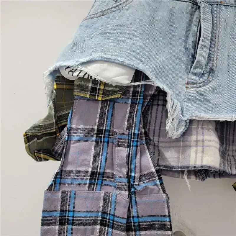 DEAT Women’s Denim Mini Skirt — Colored Plaid Patchwork Irregular A-Line, High Waist Summer 2025 Fashion Skirt
