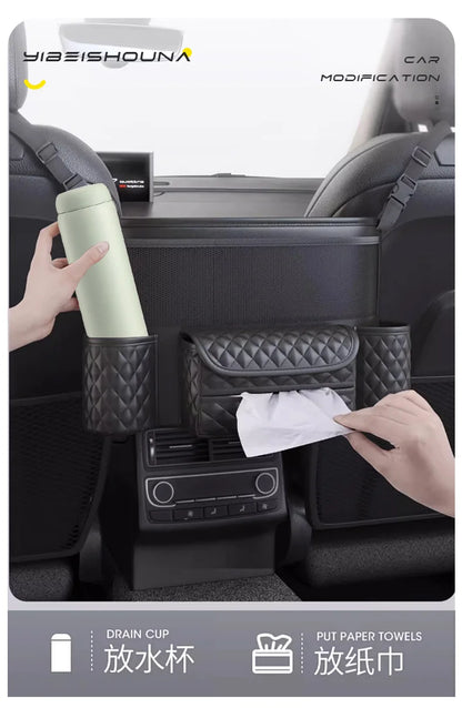 Car Seat Middle Hanger Storage Bag – Luxury Auto Handbag Holder, Tissue Pockets, and Seat Organization Bag