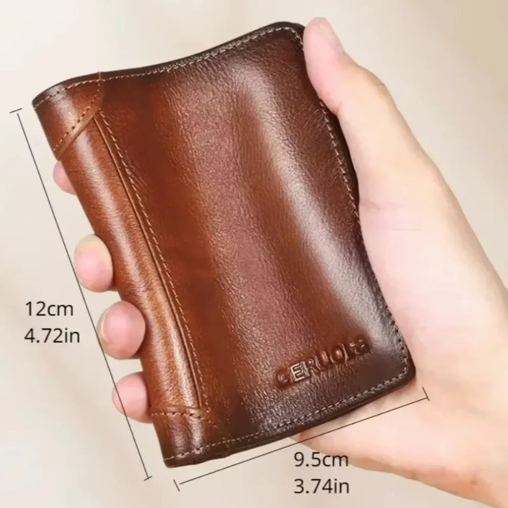 Genuine Leather Men’s Wallet – RFID Blocking Trifold, Vintage Thin ID & Credit Card Holder, Multi-Function Purse