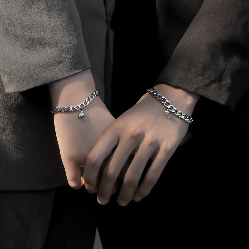 2-Piece Magnetic Couple Bracelet Set - Stainless Steel Heart Charm Cuban Chain Jewelry Gifts
