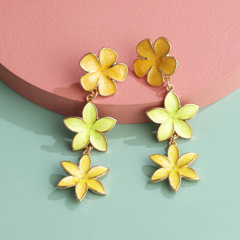 Long Flower Enamel Drop Earrings - Colorful Metal Petal Dangle Party Jewelry for Women