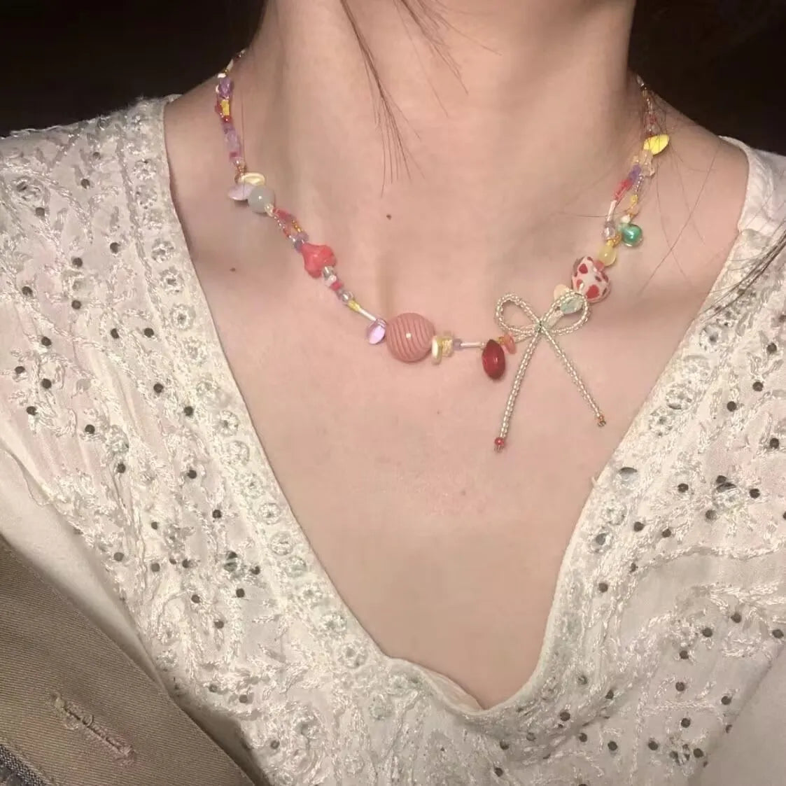 Y2K Strawberry Charm Choker Necklace - Ceramic Dog Pendant Acrylic Beaded Colorful Bow Aesthetic Jewelry for Women
