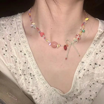 Y2K Strawberry Charm Choker Necklace - Ceramic Dog Pendant Acrylic Beaded Colorful Bow Aesthetic Jewelry for Women