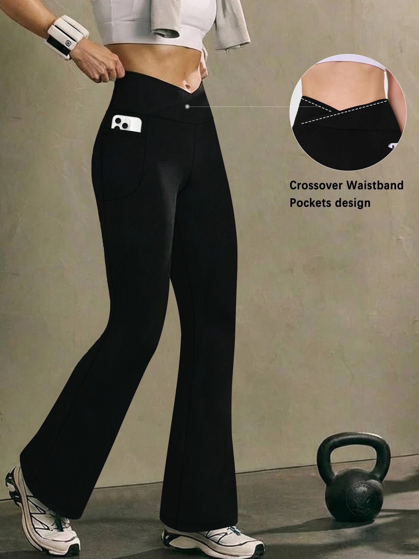 Women’s Super Soft High Waisted Flare Leggings – Crossover Waist Tummy Control Yoga Pants with Pockets Fitness Activewear