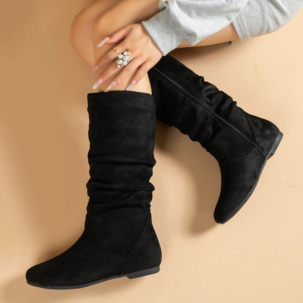 Pleated PU Women’s Fashion Boots – Casual Side-Zip Round Toe Flat High Solid Color Boots