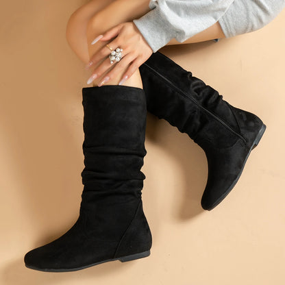 Pleated PU Women’s Fashion Boots – Casual Side-Zip Round Toe Flat High Solid Color Boots