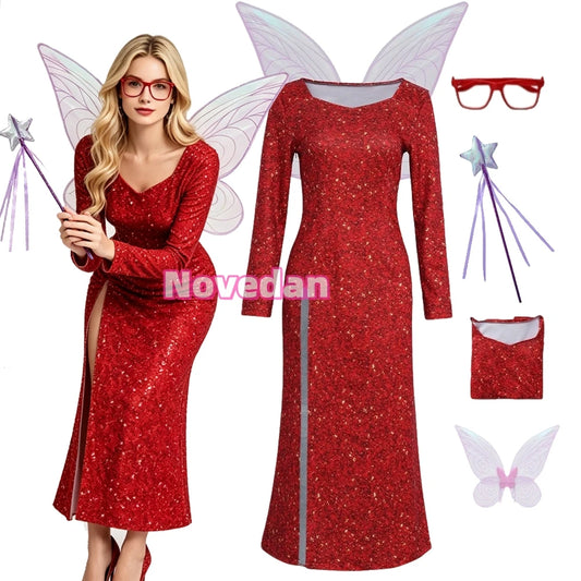 Shrek Fairy Godmother Cosplay Costume - Red Glitter Slit Dress with Wings, Glasses & Magic Wand for Halloween Parties