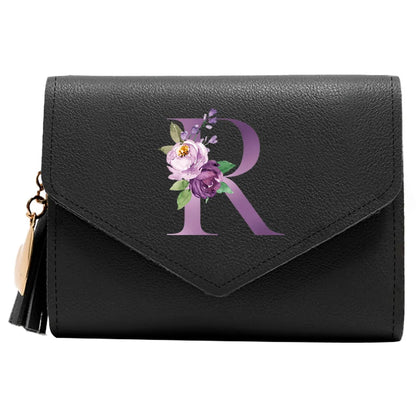 Women's RFID Leather Wallet - Compact Luxury Mini Purse With ID Window, Purple Letter Pattern & Card Holder Design