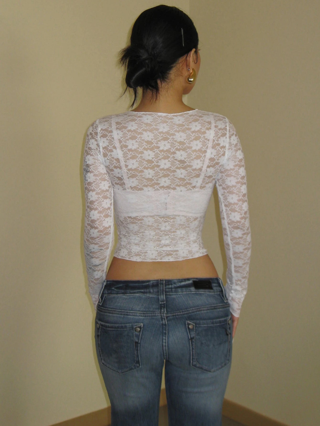 Dulzura Long Sleeve See-Through Lace Crop Top – Sexy Solid Bodycon T-Shirt for Women – Perfect for Party & Club – Autumn/Winter Fashion